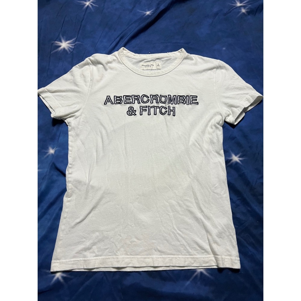 Abercrombie & Fitch White Soft A&F Tee Navy Embroidered Logo T-Shirt Small B2